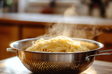 Steaming spaghetti in colander draining after cooking in kitchen