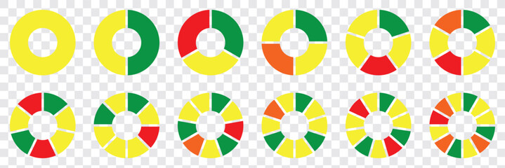 Pie charts diagrams. Different color circles isolated. Infographic element round shape. Color pizza or donut round diagram. Infographic wheel segment and fraction. eps 10