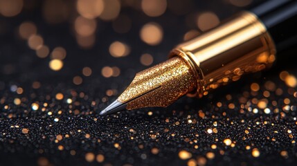 Luxurious Gold Glitter Fountain Pen on Sparkling Black Background Close Up Macro Shot