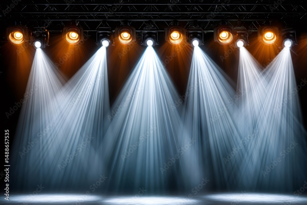 Poster bright stage lights illuminating empty stage for show performance