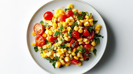A vibrant fresh corn salad featuring ripe tomatoes and aromatic herbs.