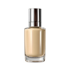 A clear glass bottle filled with beige liquid foundation sits against a crisp white background, topped with a shiny silver cap, showcasing a cosmetic product.
