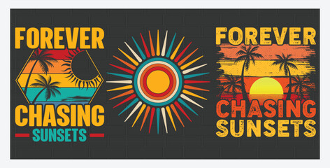 Sunset beach t-shirt designs bundle, Summer surf graphic t-shirt for print. Summer tropical tee shirt collection, T Shirt Design Bundle