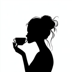 Artistic black and white silhouette featuring a woman with coffee.