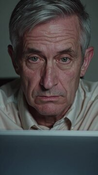 Homme &acirc;g&eacute; regardant un &eacute;cran avec tristesse dans une pi&egrave;ce sombre, sc&egrave;ne &eacute;motive et introspective

