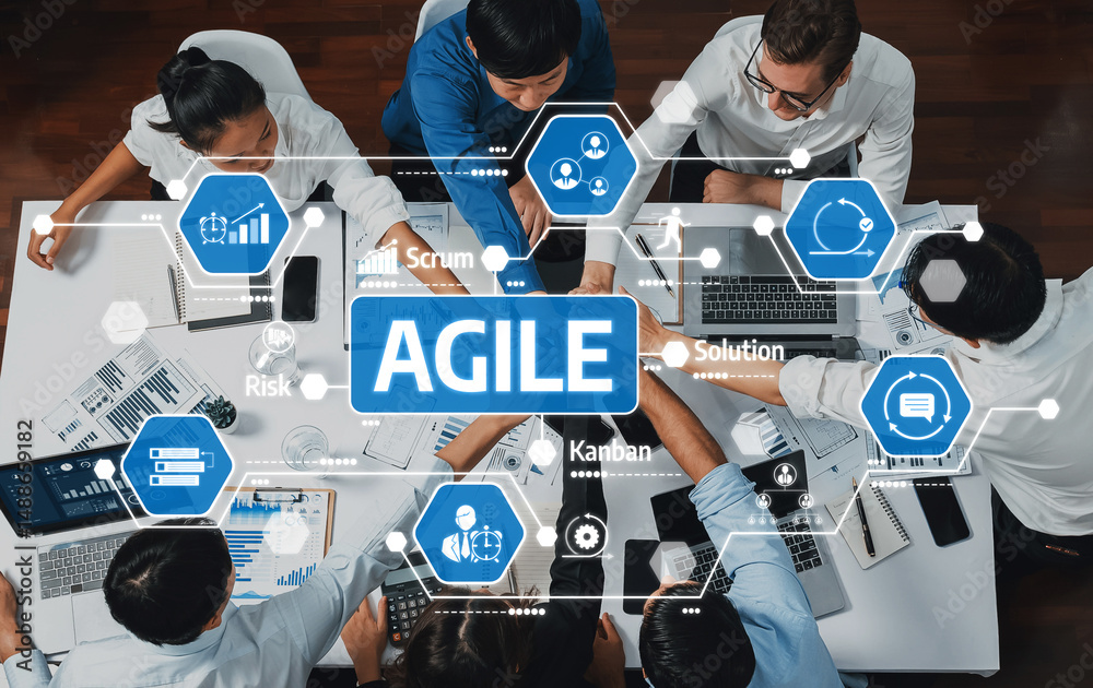 Poster a diverse team engages in agile project management, showcasing collaboration and innovative strategi