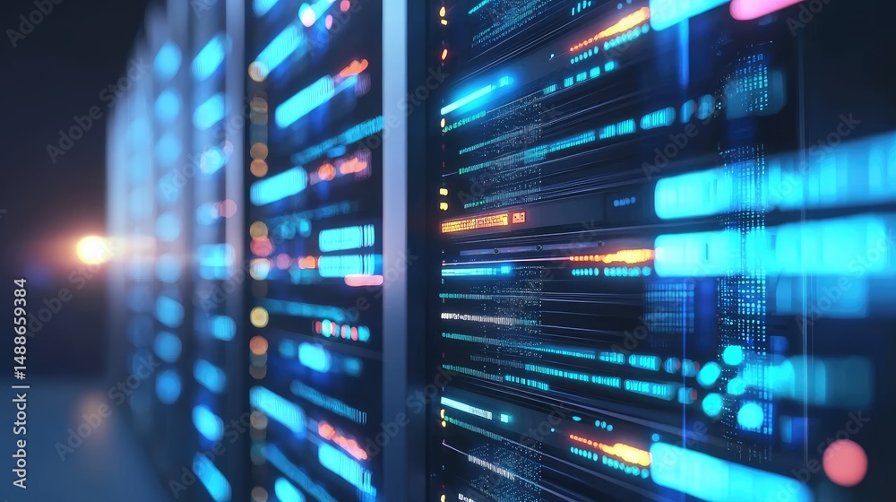 Poster Close-up view of glowing server panels with blue and orange lights in a data center, ideal for cloud storage, network security, and futuristic computing visuals