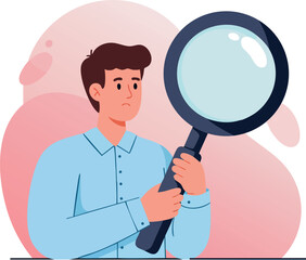 Man Holding Large Magnifying Glass Searching with Serious Expression Vector Illustration 