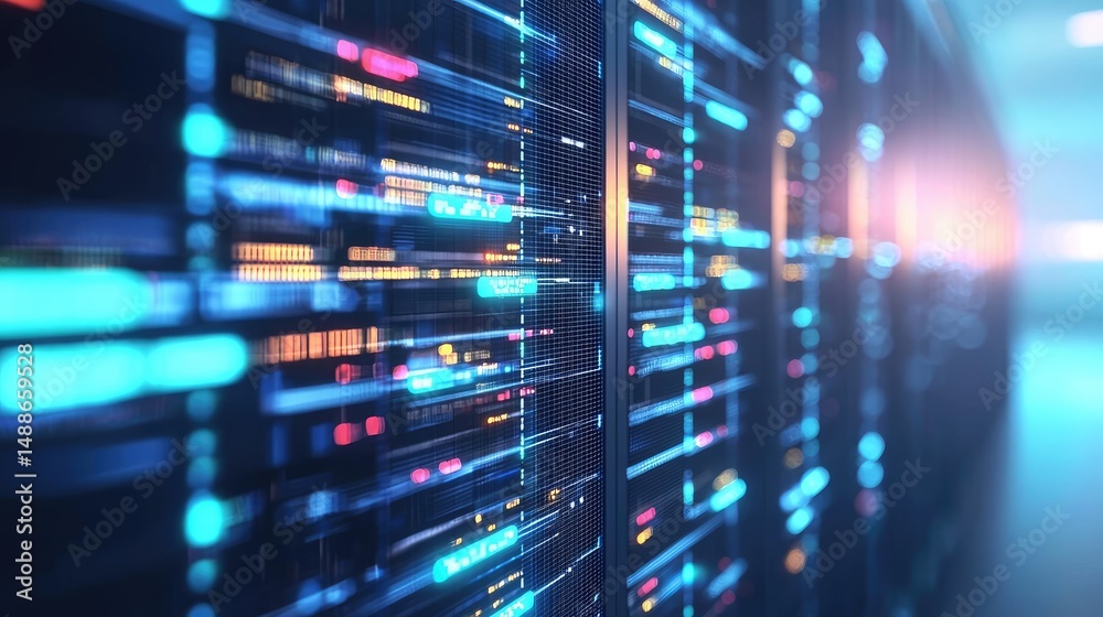 Poster Blurred digital server corridor with vibrant lights and flowing data, perfect for cloud computing, AI networks, data storage, and futuristic infrastructure visuals