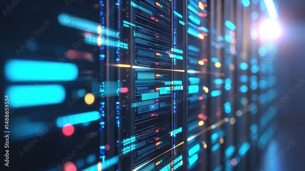 Aufkleber Futuristic server room with glowing data streams and illuminated panels, ideal for use in cloud computing, cybersecurity, and network infrastructure visuals