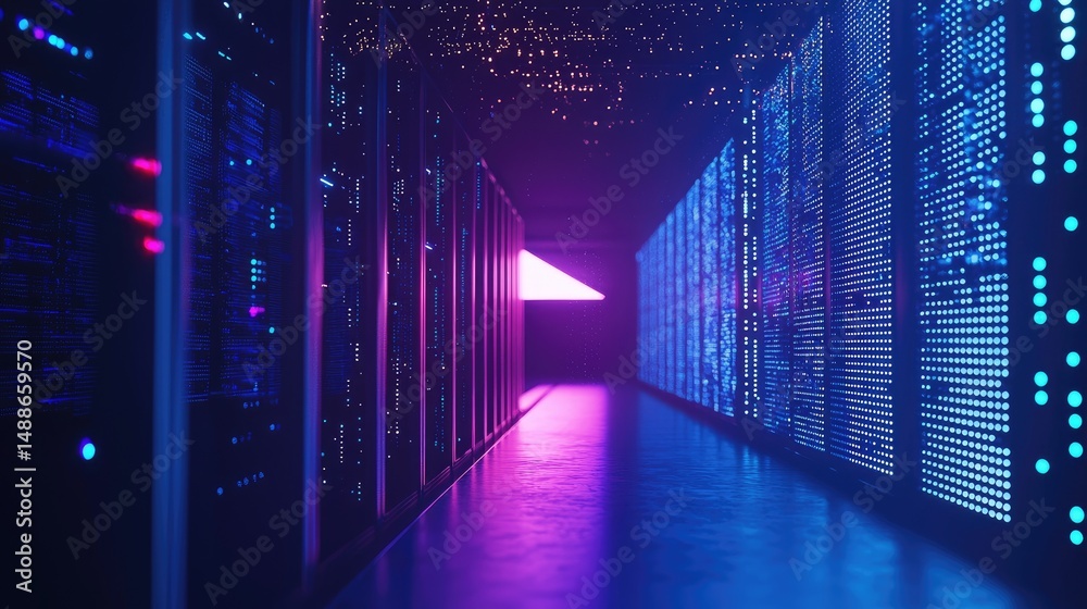 Poster Neon-lit data corridor with glowing blue and purple server panels and triangular light, great for futuristic cloud computing, cybersecurity, and digital infrastructure themes
