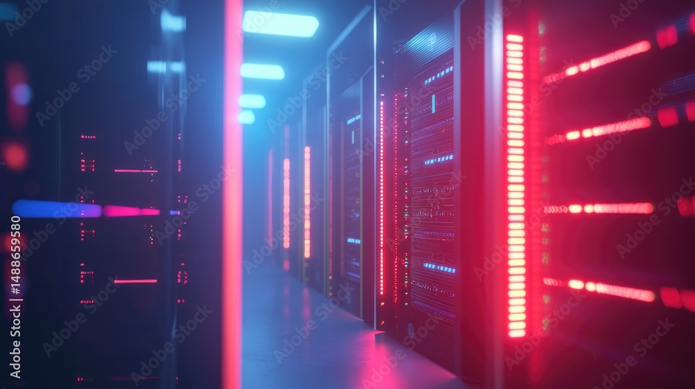 Leinwandbilder modern data center with vibrant red and blue server lights in a misty corridor, perfect for cloud co