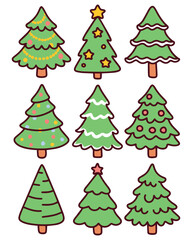 Colorful set of Christmas trees decorated with stars and lights, perfect for holiday-themed kids projects, sticker packs, or creative classroom visuals