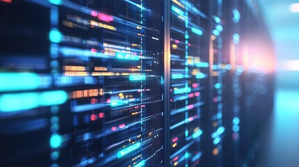 Blurred digital server corridor with vibrant lights and flowing data, perfect for cloud computing, AI networks, data storage, and futuristic infrastructure visuals