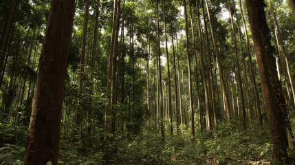 Obraz premium Lush, dense forest interior with towering trees.