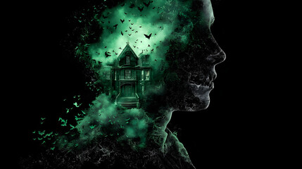 Whispers of the Haunted Mind: A chilling exploration of the psyche, featuring a silhouette portrait of a person overlaid with a ghostly mansion, evoking a sense of dread and the shadows of fear. 