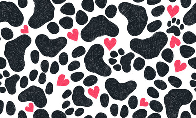 Seamless pattern cute grunge paw toe and heart pattern background for fabric print vector. Seamless pattern dog tracks. Pattern with animal paws, hearts. Vector stylish and cute pattern. © Anatoliy