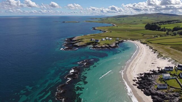 stunning aerial view of a serene beach and lush green landscape, with clear blue waters and a peaceful atmosphere. The contrast between the sand, sea and nature creates a beautiful scene