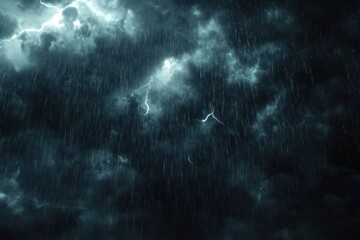 Fototapeta premium Dramatic storm clouds illuminate the sky with lightning during a heavy rain event, black cloudy with lighting storm, rainy weather concept Photo in background
