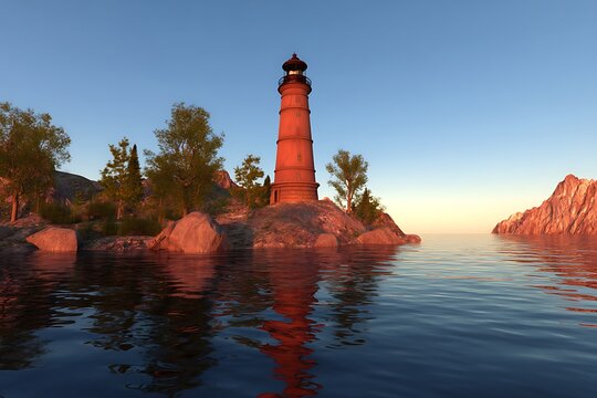 Lighthouse on rocky island at dusk