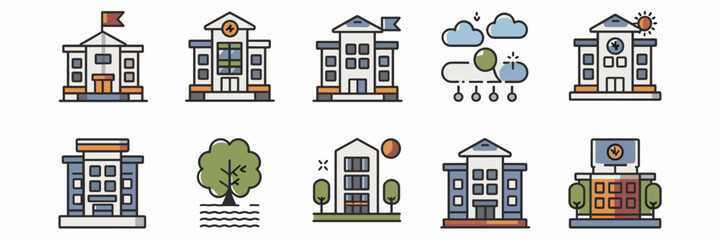 Obraz premium Corporate building icon sheet with buildings featuring flag, lightning, cloud, tree, and sun – Ideal for business concepts, real estate, or corporate branding