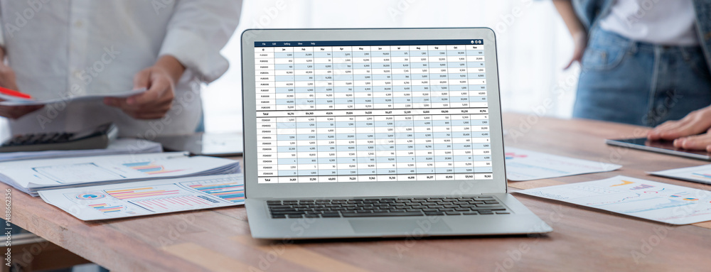 Leinwandbilder Accounting software on computer screen showing financial statement spreadsheets and account balance of corporate business offer accountant a fine calculation accounting brisk
