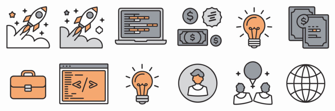 Startup launch icon set with rocket, code editor, and dollar sign &ndash; Ideal for product development, business growth content, or startup funding visuals.