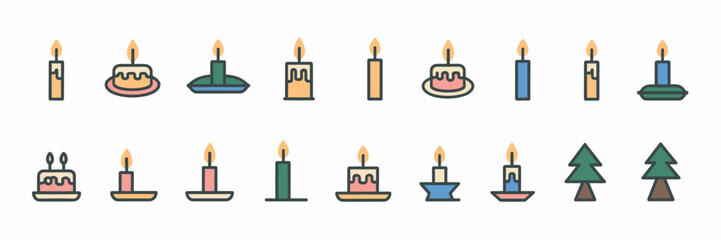 Vector icon sheet featuring various candle illustrations with holders and lit flames – Perfect for home decor, holiday, and relaxation themes
