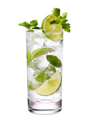 A refreshing mojito cocktail with ice cubes, lime slices, and fresh mint leaves is elegantly presented in a tall glass against a bright white background.