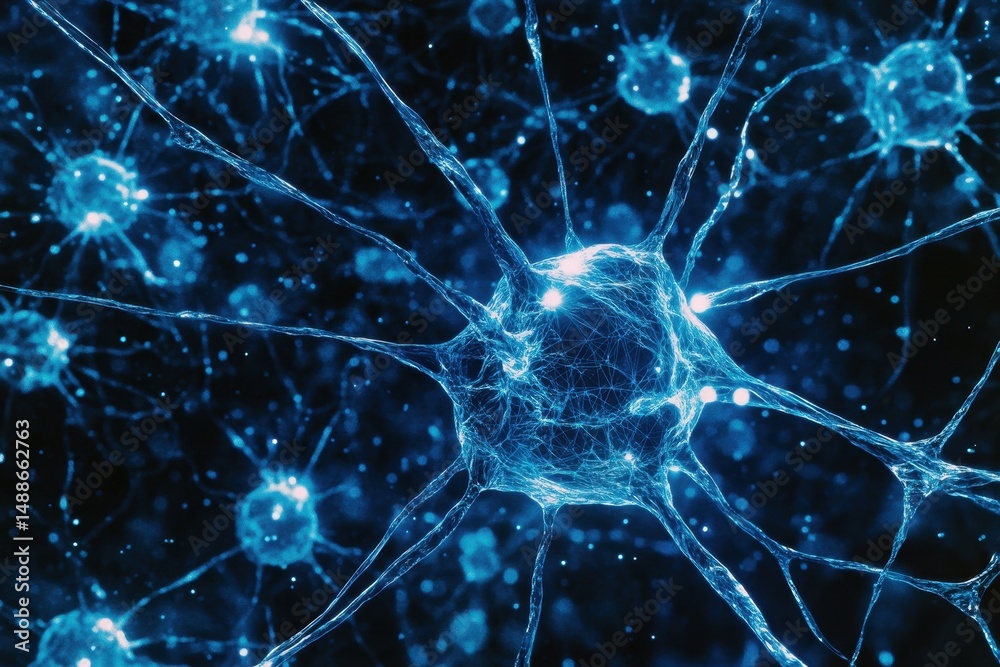Poster exploration of blue cyber network grid with artificial neurons and neural connections, blue cyber ne