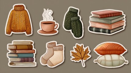 Cozy autumn stickers featuring warm apparel, books, and drinks