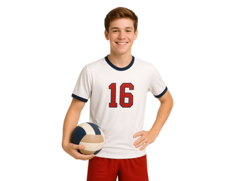 A youth boy volleyball player in jersey number 16 smiling on an isolated background
