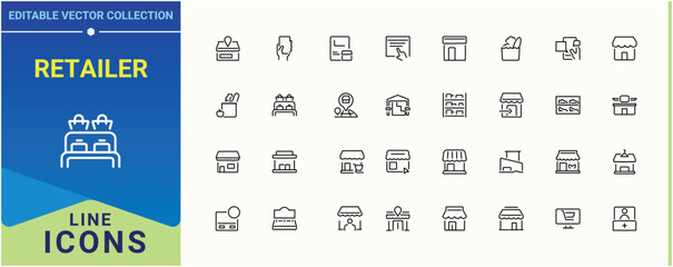 Retailer simple icon set. Contain linear symbols shop, product, cart, shopping and more. Store vector line icon set. Set of line pictogram. Vector illustration. Pixel perfect.