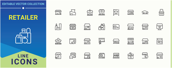 Retailer vector icon set. Includes symbols for business, supermarket, purchase, shopping, market, shop, sale and more. Store modern icon set. Minimal icons pack. Art and illustration.