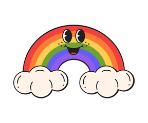A happy, retro, groovy character for Pride Month features a rainbow filled with the pride flag, crafted in a bold, Y2K, vintage style. Cute mascot design for web, social media, and Instagram stories.
