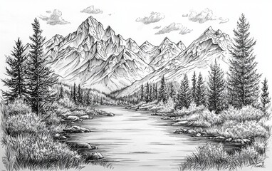 Majestic pine trees set against a monochrome mountainous backdrop.