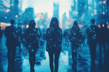 Fototapeta premium People walking in a city street with digital network overlay representing technology and connection at dusk