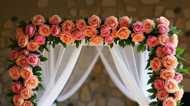 Beautiful indoor chuppah adorned with vibrant pink and orange roses, white fabric canopy, and floral details. Set against a stone wall, perfect for Jewish wedding themes and event inspiration.