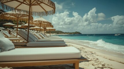 Obraz premium Tropical beach paradise with lounge chairs and umbrellas