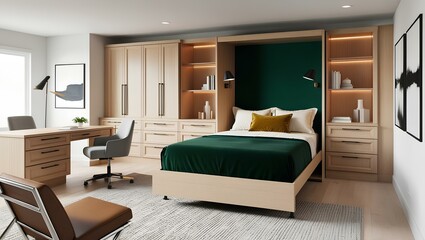Modern Home Office with Integrated Murphy Bed and Elegant Green Accents