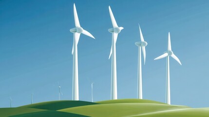 Fototapeta premium Four wind turbines stand tall on a grassy hilltop under a clear sky.