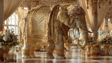 Ornate elephant in opulent palace interior