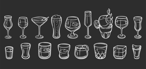 Alcohol Glasses Chalk Outline Collection with wine, whiskey, beer, martini, cocktail, and shot glasses. White hand drawn vector illustration on black for bar menu, pub decor, or chalkboard design. © setory