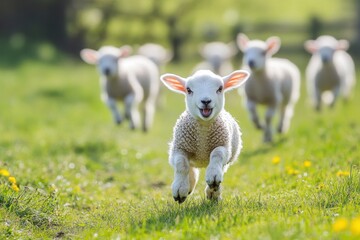 Fototapeta premium Baby lambs frolicking joyfully in a lush meadow during springtime, Baby lambs frolicking in a meadow, capturing the joy of spring on a farm