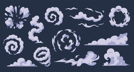 Dynamic smoke vector collection with swirling clouds, vapor trails, and explosion puffs, vector illustration