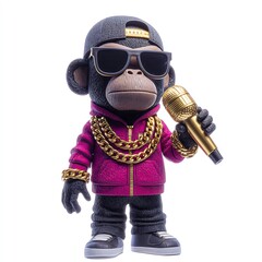 funky monkey rapper holding neon mic with gold chains