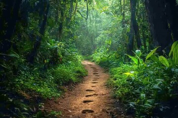 Obraz premium Footprints on a dirt path in a tropical forest surrounded by lush greenery, Footprints on dirt path in tropical forest surrounded by lush greenery and tall trees