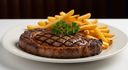 Steak frites ribeye steak with fries and parsley on a restaurant table
