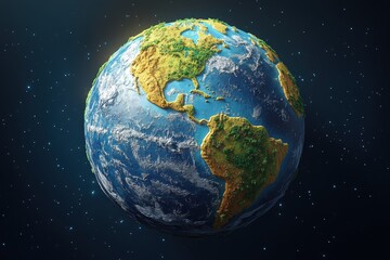 Realistic 3D rendering of Earth depicting vibrant continents, oceans, and lush vegetation against a starry background