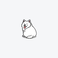 Cute chubby samoyed sitting with its back turned, smiling playfully with its tongue out, vector illustration
